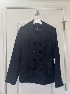 Guess Black Double-Breasted Pea Coat with Notch Collar